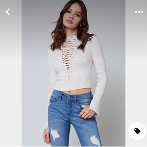 BEBE Sheri lace up Metallic cropped sweater Large
